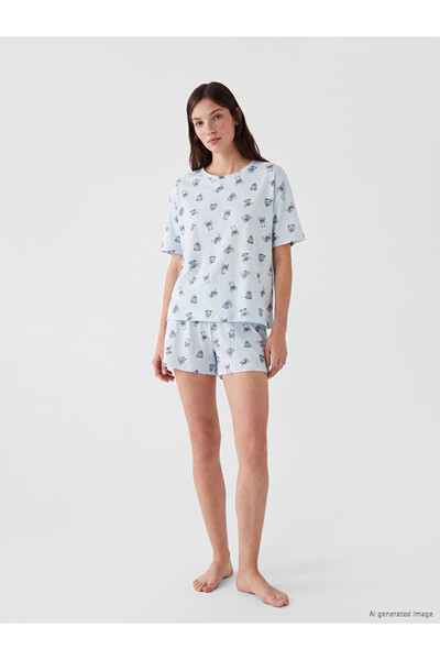 LC Waikiki Lcw Young Blue Stitch Printed Women's Shorts Pajama Set