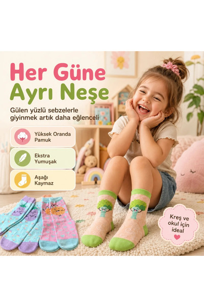 Genel Markalar 5'li Sebze Desenli Çocuk Çorap Seti Yüksek Pamuklu Rahat Burunlu Sıkmayan Lastikli