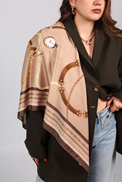 Zus Creative Clasy Brown - Zincir Kemer Saat Desenli Pamuklu Kadın Fular 95x9...