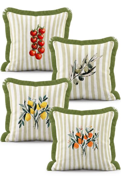 IdeCraft Green Striped Tomato, Olive, Lemon and Orange Patterned 4-Piece Frin...