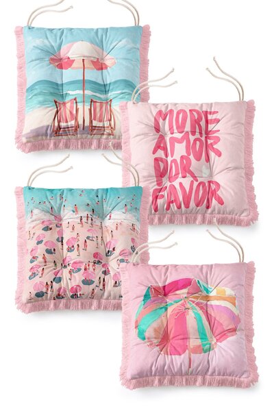 IdeCraft Summer Themed Beach and More Amor Written Fringed 4-Piece Pofidik Ch...