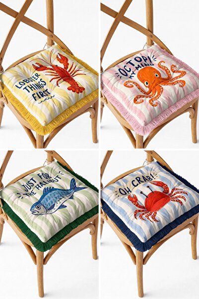 IdeCraft Set of 4 Marine Themed Fun Typographic Striped Fringed Puffy Kitchen...