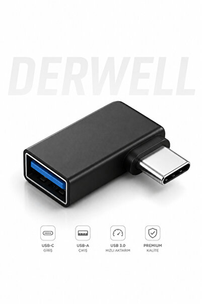 Derwell USB-C to USB-A Dişi Dönüştürücü OTG Adaptör - 90 Derece Açılı L Tipi ...