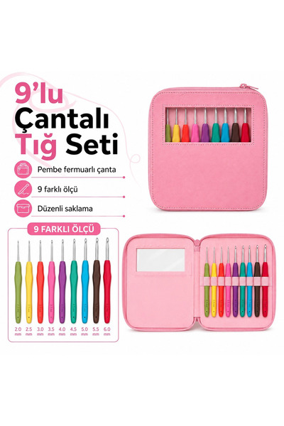 woyarts 9-Piece Ergonomic Handle Crochet Set with Bag 2-6 mm Pink Knitting Cr...