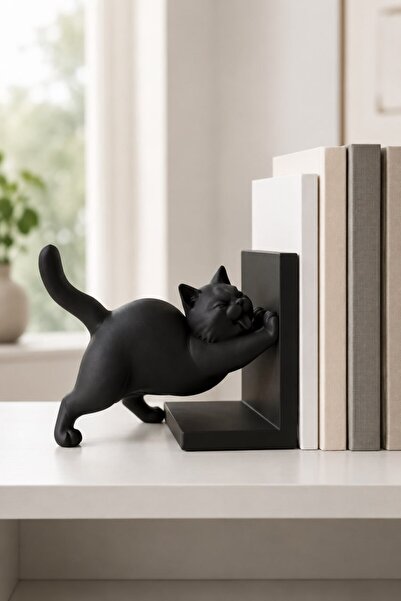 Figyfun Siyah Kedi Figürlü Dekoratif Kitap Tutucu Modern Masaüstü Kitaplık De...