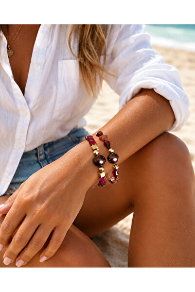 COCOSH TAKI Burgundy Brown Gold Beaded Combination Multi Bracelet