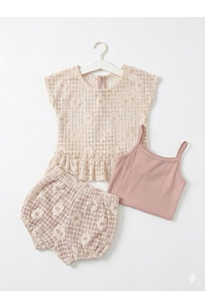 Maison Bebe Tongs Baby Girl Lace Detailed Ruffle Blouse, Undershirt and Short...