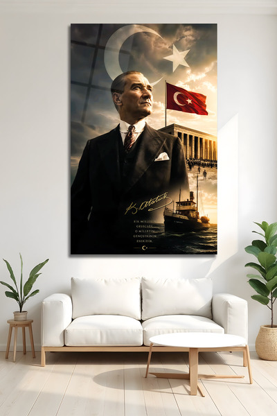 AltmışAltı Atatürk Portresi Ve Türk Bayrağı Salon Ofis Temperli Cam Tablo