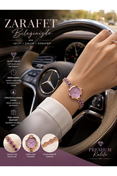 Generic Brand Women's Stone-Embellished Wristwatch Rose Gold Case, Elegant Br...