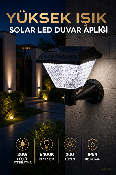 ASTEC Kristal Solar LED Duvar Aplik 30W 6400K Beyaz Işık IP64 Dış Mekân Bahçe Duvar Aydınlatma Prizmatik