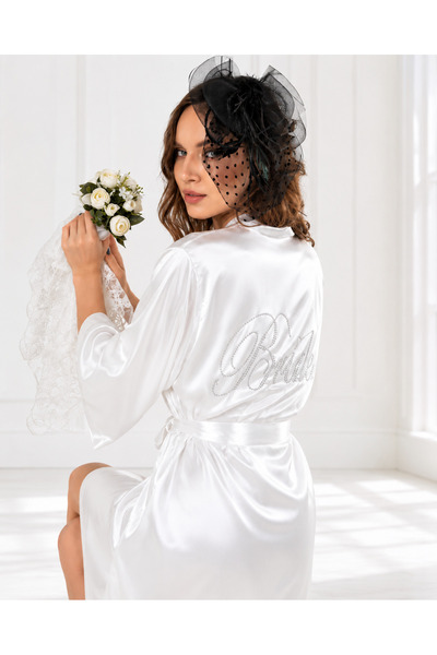 daria Women's Bride Stone Written Satin Bridal Dressing Gown Belted Wedding P...