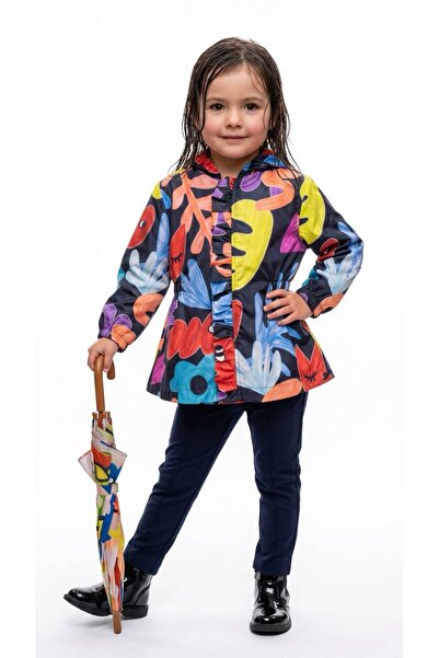 ZeZe Kid Girl's Multi-Colored Patterned Hooded Lined Raincoat Windbreaker
