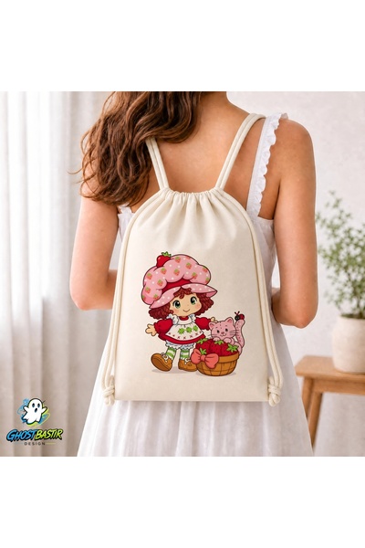 Ghostbastır Design Strawberry Girl Drawstring Linen Bag C068