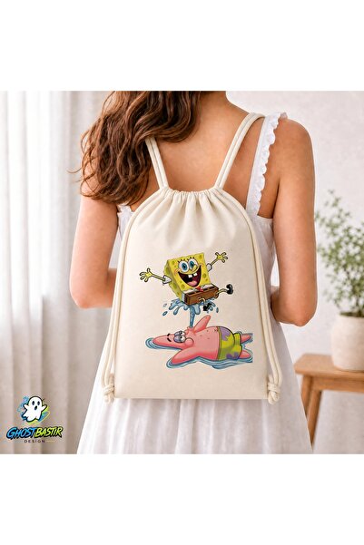 Ghostbastır Design Spongebob and Patrick Drawstring Linen Bag C300