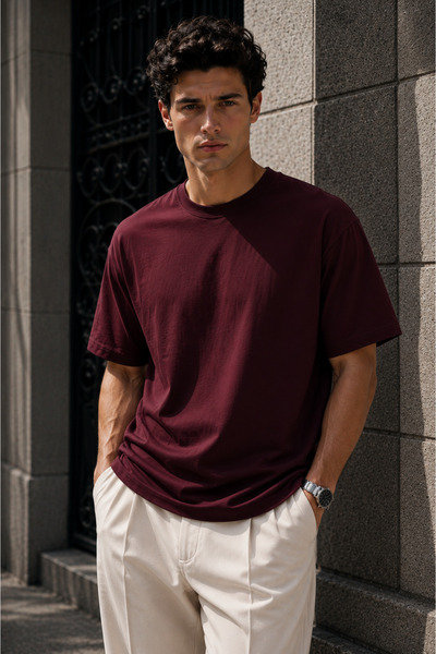 Rich Men's Burgundy Mercerized Interlock Fabric Oversize T-Shirt