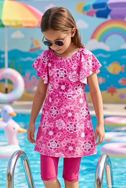 Haliç Mayo Flounce Detail on the Sleeves, Top and Bottom Two-Piece Girls' Swi...