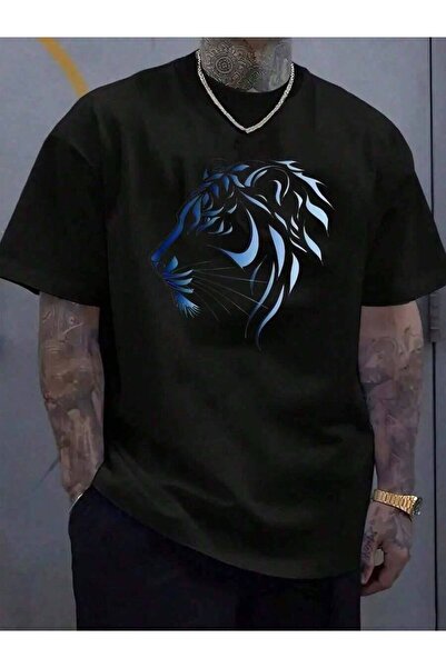 NOURAM Men's Blue Flame Lion Head Graphic T-Shirt, Oversized Cotton Crew Neck...