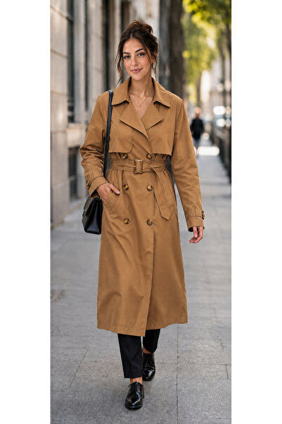 ACELYA Women's Long Trench Coat Buttoned Lined Belted Waterproof Oversize Cut