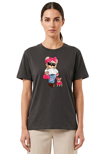 DK DAKSEL Women's Smoked Bowknot Teddy Bear and Dog Printed T-Shirt 100% Cott...