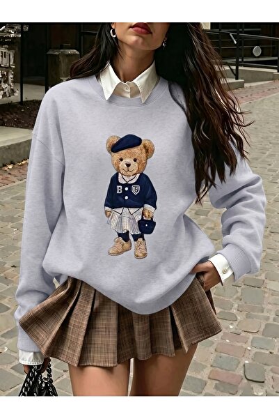 ZAVIXO Cute Bear Printed Oversize Cut with Crew Neckline, Modern Style Casual...