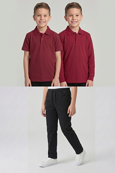 nacar çarşı Boys' School Burgundy Long and Short Sleeve Polo Collar T-Shirt B...