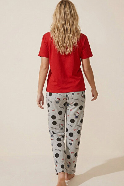 Siyah İnci Hello Kitty Lisanslı %100 Pamuk Kırmızı Çok Renkli Bisklet Yaka Pijama Takım 26120461
