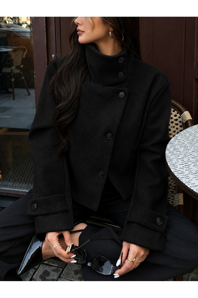 RosePearl Women's Stand Collar Short Cashmere Coat with Buttoned Pocket Detai...