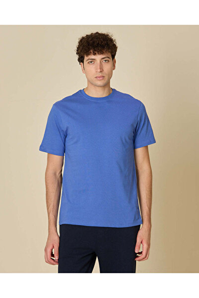 REDTAG Men Blue Plain T-Shirt