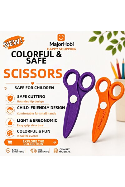 Major Hobi Children's Paper Scissors Set of 2 – Colored Scissors with Safe Ti...