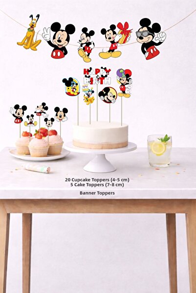 Sinek Kupası Tasarım Mickey Mouse Birthday Set 5 Figures Banner 5 Figures Cak...