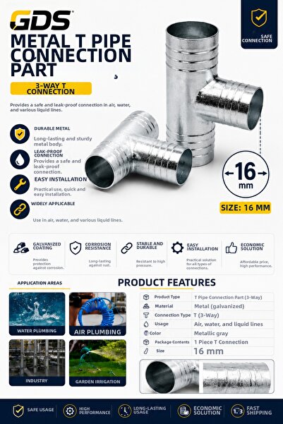 GENERAL Gds 16 mm Metal t Pipe Fitting 3 Way Hose Attachment