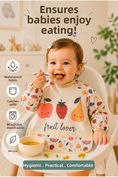 BERNS Waterproof Baby Feeding Bib with Pockets, Long Sleeve Washable Feeding Bib