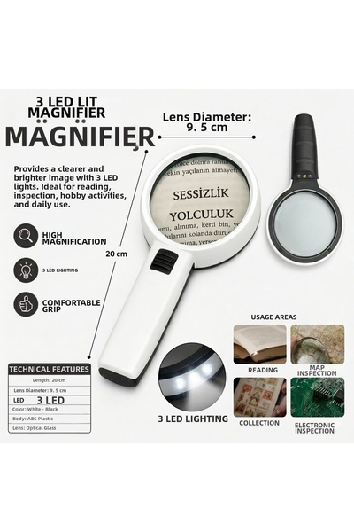 Neler Geldi Neler 3 Leds 10X95Mm Illuminated Handheld Magnifier with Lighted ...