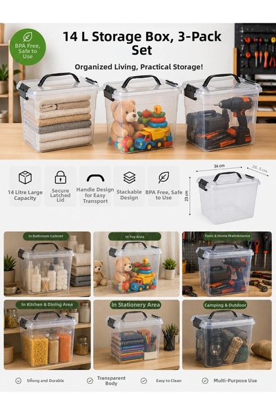 LOREMPBOX 14 Liter Lockable Transparent Storage Box with Handles, Set of 3 – ...