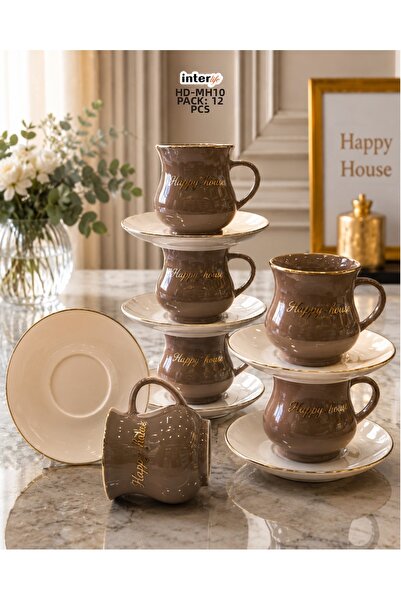 İnterlife طقم فناجين قهوة تركية بتصميم عصري لـ 6 أشخاص مع كتابة Happy House ك...