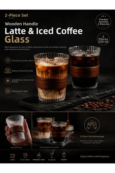 SODELICIOUS COFFEE TEA Glass Latte and Cold Coffee Cup with Wooden Handle 350 ml Set of 2