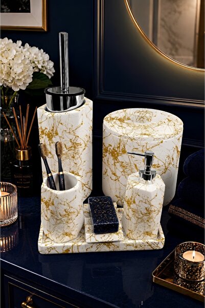 betonmall 8 Piece Handmade Concrete Bathroom Set with Marble Pattern |   Tras...