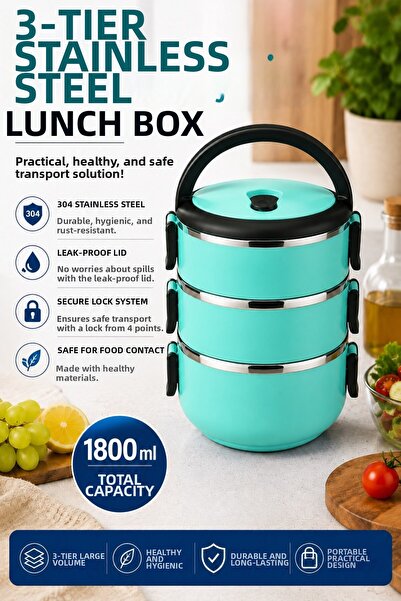Sas Haus 3-Tier Stainless Steel Food Container 1800 ml Leak-Proof Portable Lu...