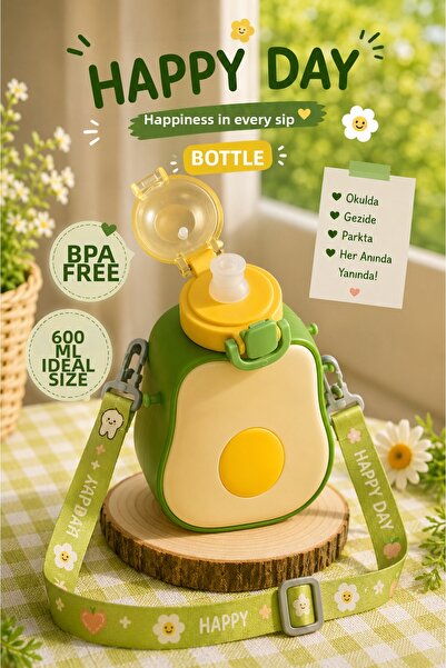 LUMY KIDS Avocado Design Children's Water Bottle with Strap 600 ml Water Bottle
