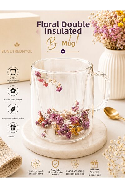 NZR Double Walled Glass Dried Flower Mug with Handle Stylish Durable Coffee C...