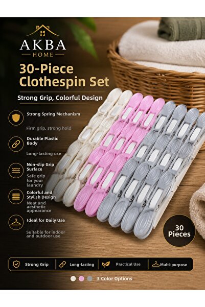 AKBA HOME Set of 30 Colorful Clothes Pegs with Strong Spring, Durable Plastic...