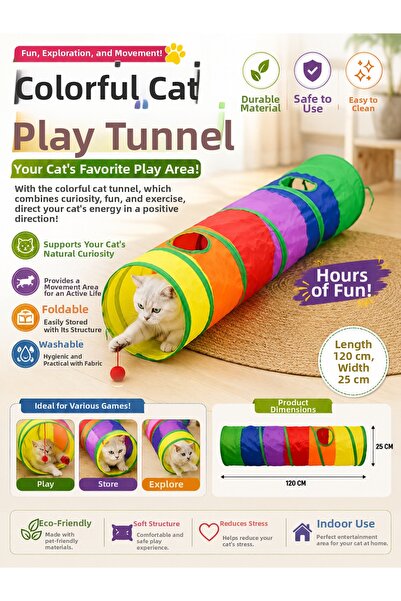 Ufak Tefek Şeyler Rainbow Cat Play Tunnel 120 cm Fun Foldable Interactive Cat...