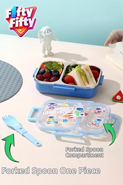 Vagonlife 600 ml Leak-Proof Two-Compartment Stainless Steel Lunch Box New Generation Lunch Box with Fork and Spoon Ff7163