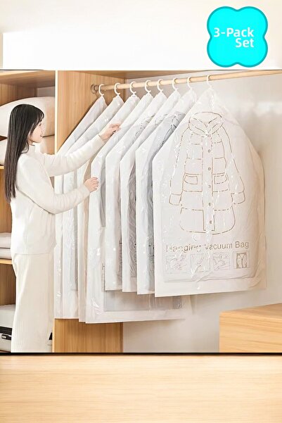 Şahane Pazar 3-Piece Hanging Vacuum Storage Bag for Coats, Clothes, and Outfi...
