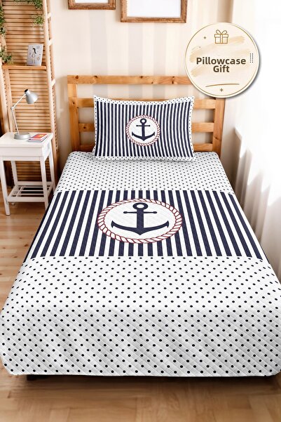Evimde Bambaşka Marine Navy Blue Youth Room Single Pique Set-Striped Red 160X...