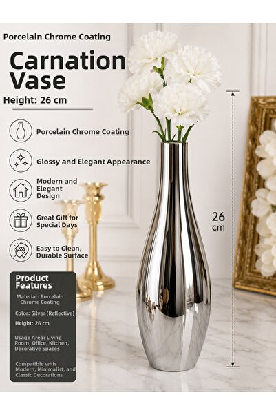 Atak Hediyelik Porcelain Chrome Plated Silver Carnation Vase - Modern Decorat...