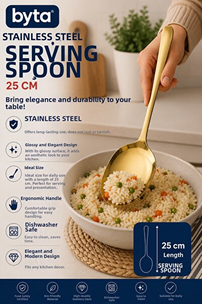 BYTA Stainless Steel Serving Spoon 25 cm Gold Color Large Size Kitchen Servin...
