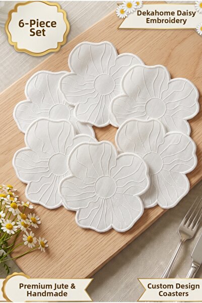 StarStalıa Coffee-Colored Napkin Daisy Patterned Embroidered Natural Linen Na...
