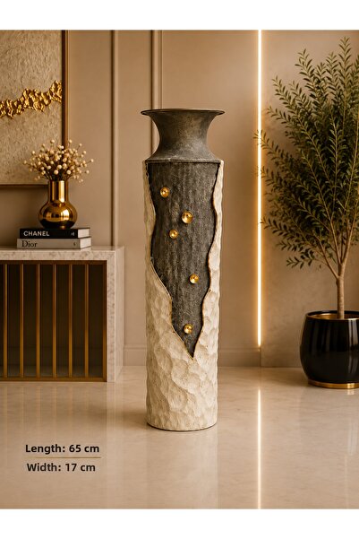 Hinora Decorative Metal Floor Vase 65 cm Black Cream Gold Large Size Living R...