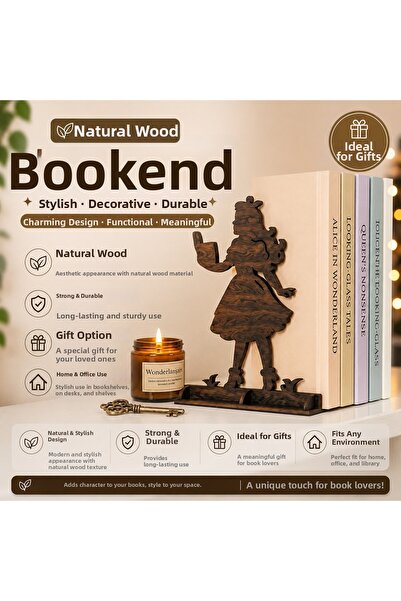 ROKH Natural Wooden Book Support with Alice Figure, Decorative Bookshelf Orga...
